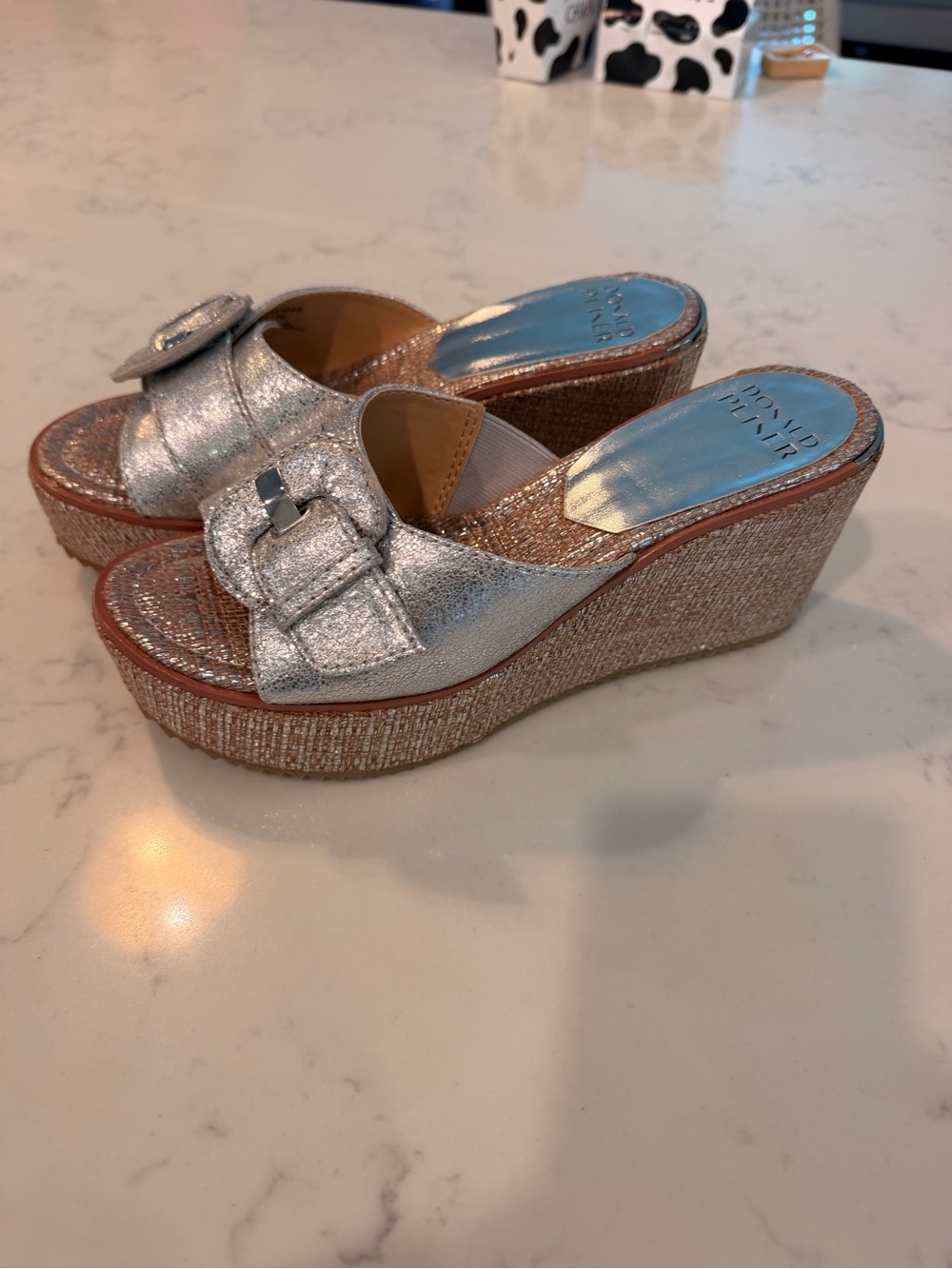 Donald J. Pliner Silver Metallic Buckle Wedge Sandals